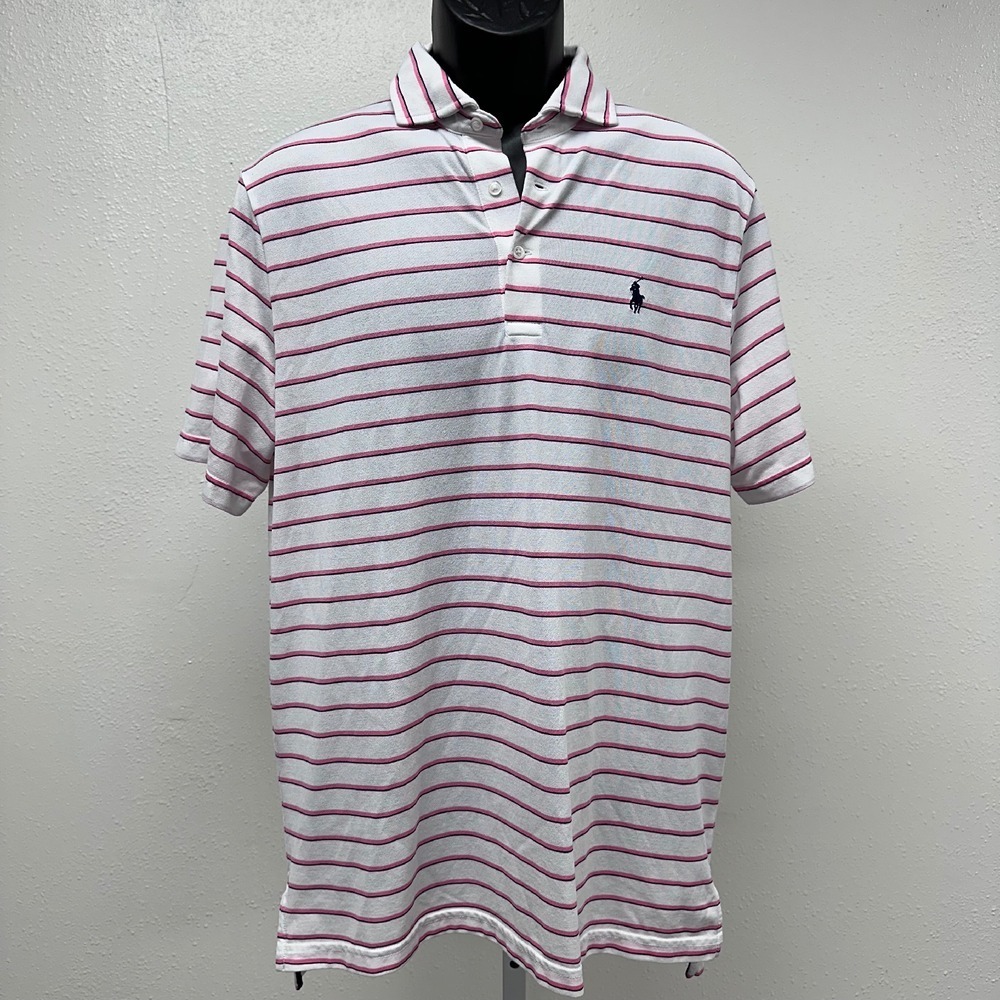 Ralph Lauren Golf Polo Shirt Striped Wicking White/Pink Casual Short Sleeve M
